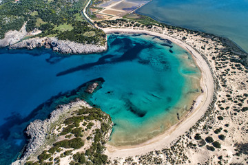 Panoramic aerial view of voidokilia beach, one of the best beaches in mediterranean Europe,...