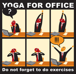 Vector comic with a businessman who does exercises in the workplace with the inscription Yoga for the office