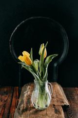Yellow fresh spring tulips on dark wooden background in glass decanter, with water and drops on leaves. in direct and back light