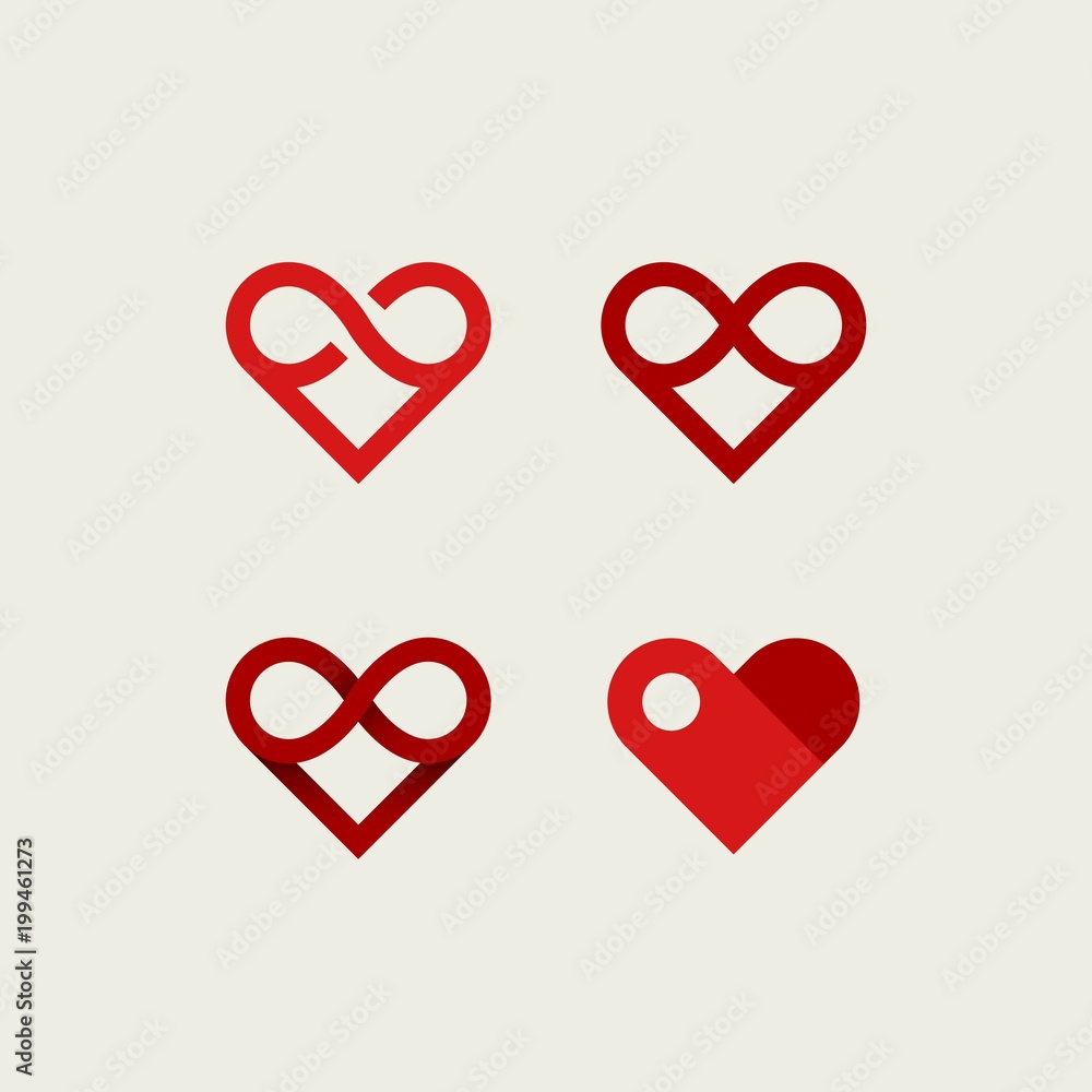 Poster vector set of infinite heart logos. outline, flat and gradient logotypes