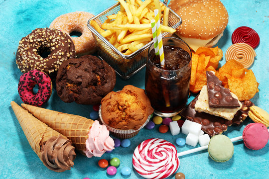 Unhealthy products. food bad for figure, skin, heart and teeth.