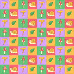 Snail mushrooms and leaf cute childish seamless vector pattern