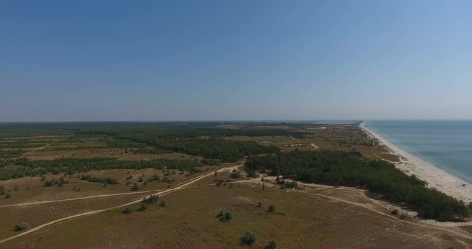 Aerial view, Flight over the forest and dirt road along the seacoast, kinburn foreland,