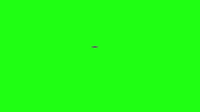 UFO - Flying saucer flying over camera into the distance - over green screen - rotating metallic with blue lights