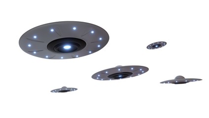 Some ovnis flying in the sky, 3d rendering © Carlos-F-3D