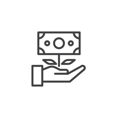 Money plant in hand outline icon. linear style sign for mobile concept and web design. Hand holding money flowers simple line vector icon. Symbol, logo illustration. Pixel perfect vector graphics