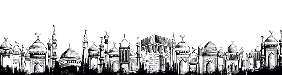 Ramadan Kareem Generous Ramadan greetings for Islam religious festival Eid with freehand sketch Mecca building