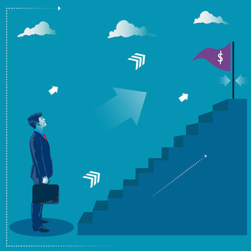Reaching the target. Businessman standing in front of stairs to his goal. Business concept vector illustration 