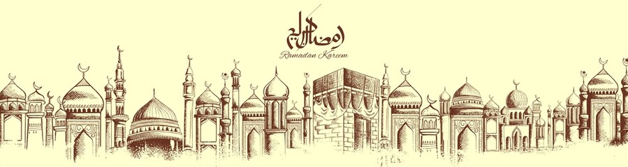 Ramadan Kareem Generous Ramadan greetings for Islam religious festival Eid with freehand sketch Mecca building - obrazy, fototapety, plakaty