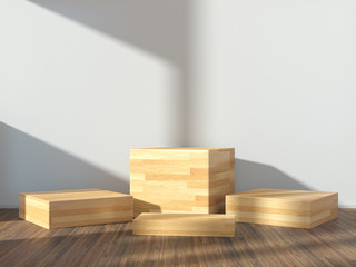 Wooden pedestal for display,Platform for design,Blank product stand with empty room.3D rendering.