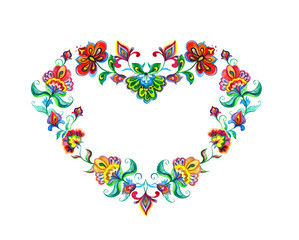 Heart with eastern european decorative ethnic flowers. Watercolor ornament of Easter Europe