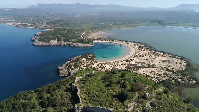 Panoramic aerial view of voidokilia beach, one of the best beaches in mediterranean Europe, beautiful lagoon of Voidokilia from a high point of view, Messinia, Greece