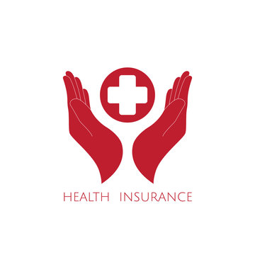 Health insurance icon logo vector graphic design. Hands and red cross.
