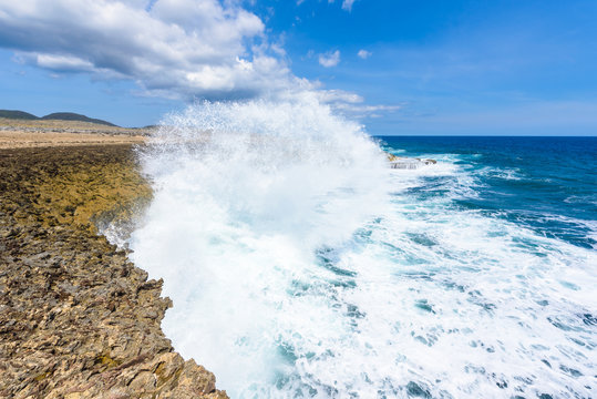 Shete Boka National park - Amazing landscape scenery around the small Caribbean island of Curacao in the ABC islands - Crashing waves at the beach and the beautiful coastline