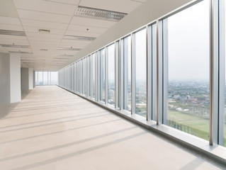 empty floor and cityscape of modern city from window, Large Hall, Store, interior,Lab, perspective wide angle.