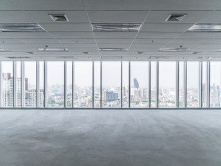 empty floor and cityscape of modern city from window, Large Hall, Store, interior,Lab, perspective wide angle.
