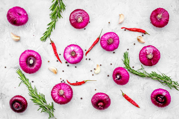 Red onion as seasoning. Onion near chili peper, rosemary, black peper, garlic on grey background...
