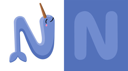 N is for Narwhal. Letter N. Narwhal., cute illustration. Animal alphabet. © baleikaart