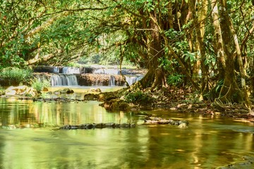 Fototapeta na wymiar Beautiful Scenery of Takien Thong Waterfall in Sangkhlaburi, Thailand