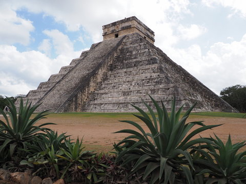 Pyramid and agaves in Chichen Itza mayan town at Mexico