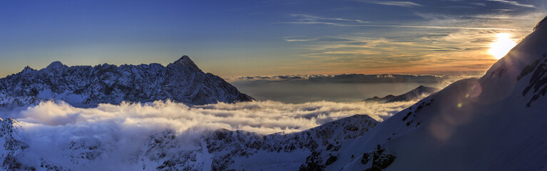 High Mountain peaks in sunset scenery landscape panorama (Tatra Mountains).  Beautifull landscape in Poland.