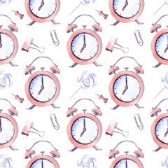 Hand drawn watercolor illustration seamless pattern painted alarm clock back to school lollipop candy paper clip stationery white background - 199469452