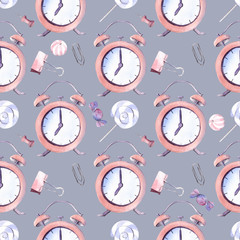 Hand drawn watercolor illustration seamless pattern painted alarm clock back to school lollipop candy paper clip stationery grey background - 199469471