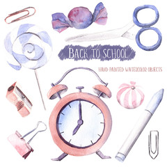 Hand drawn watercolor illustration painted set of objects isolated white background back to school supplies stationery pastel pink purple colors - 199469493