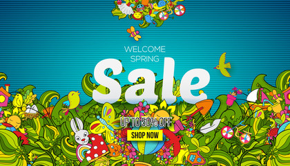 Welcome Spring sale banner template with hand drawn doodle shopping symbols and icons on blue background. Vector illustration, landing page, banner, brochure, header