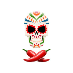 Vector illustration of decorated sugar skull and crossed chili peppers. Pirate symbols in mexican style. 