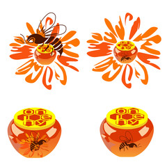 Jars with honey and bees, four images on a white background