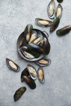 Raw kiwi mussels on textured light colored background
