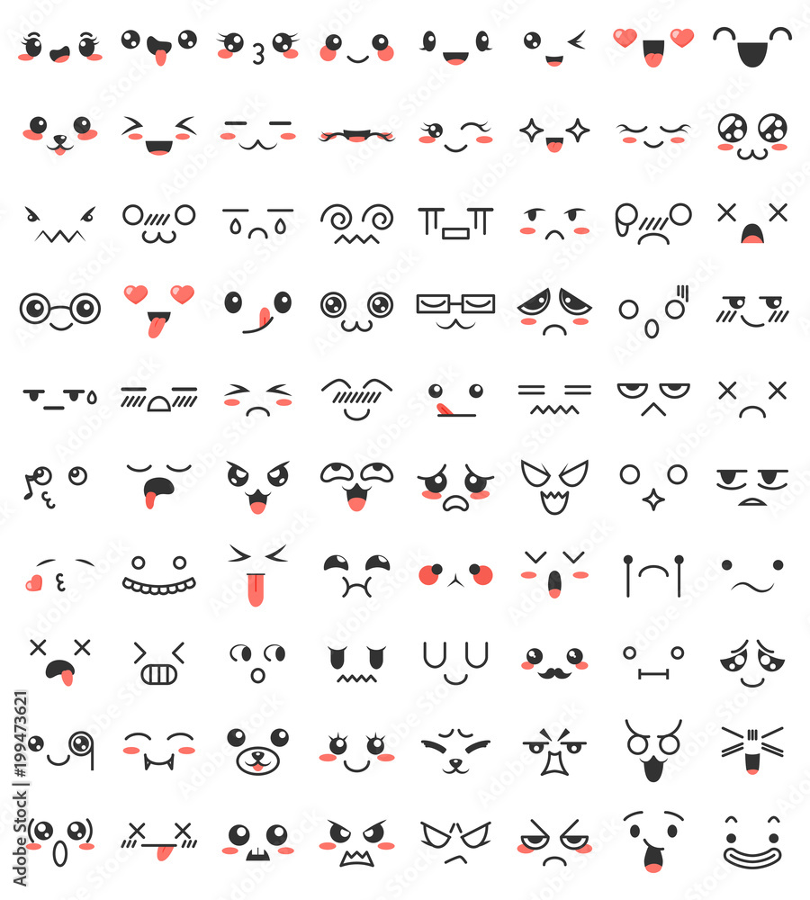 Wall mural collection of cute lovely kawaii eyes and mouths. doodle cartoon faces in manga style. cute emoticon