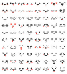 Collection of cute lovely kawaii eyes and mouths. Doodle cartoon faces in manga style. Cute emoticon emoji characters. Emotion smile cartoon