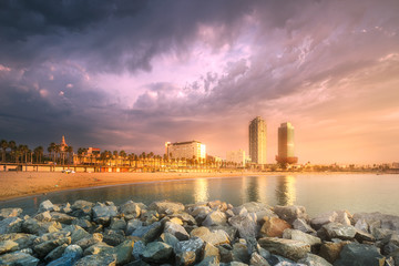 Barceloneta Beach in Barcelona at sunrise, Spain