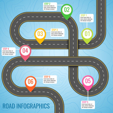 Infographics template with road map using pointers. Top view vector elements. Road trip. Business and journey infographic design template with flags. Winding road on a blue background