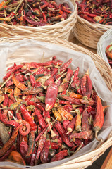 Dried Chili Peppers in basket  with copy space