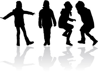 Vector silhouette of children on white background.