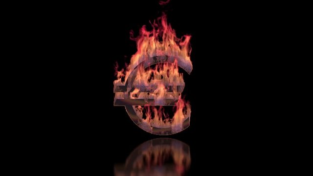 Euro sign burning in flames on the glossy surface, financial illustration background