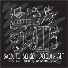 Hand drawn doodle vector line Back to school set on Chalkboard eps10