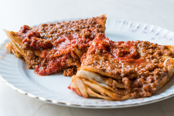 Turkish Food Kayseri Yaglama with Minced Meat, Yogurt and Tomato Paste