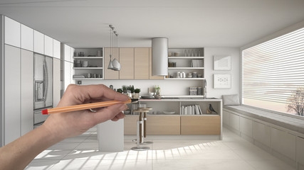 Hand drawing custom modern white and wooden kitchen. Tailored unfinished project architecture interior design