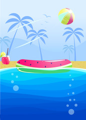 Fototapeta na wymiar Hello summer party banner design. Swimming pool in the aquapark.