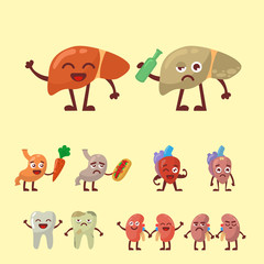 Human organs healthy and unhealthy anatomic funny cartoon character pairs vector.