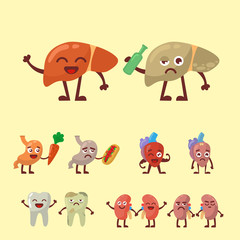 Naklejka premium Human organs healthy and unhealthy anatomic funny cartoon character pairs vector.
