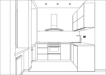 3D vector illustration. Modern kitchen design in home interior. Led spots. Kitchen sketch with decorations and appliances. Drawers. Cooker hood. 