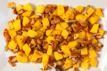 fried potatoes with mushrooms on plate