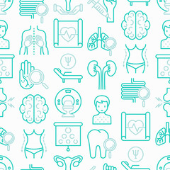 Hospital seamless pattern with thin line icons for doctor's notation: neurologist, gastroenterologist, manual therapy, ophtalmologist, cardiology, allergist, dermatologist. Vector illustration.
