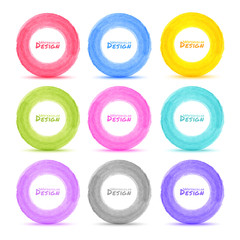 Set of 9 Light Hand drawn colorful watercolor circles. Vector illustration.