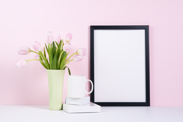 white square frame mockup with white tulips against a pink background
